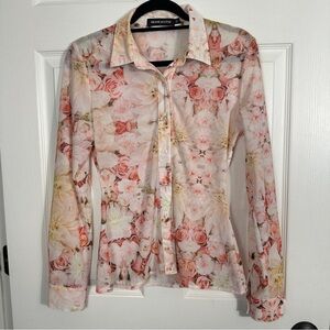 Shane Justin (UK) Blossom button up blouse, sz. M, semi sheer mesh, stretch